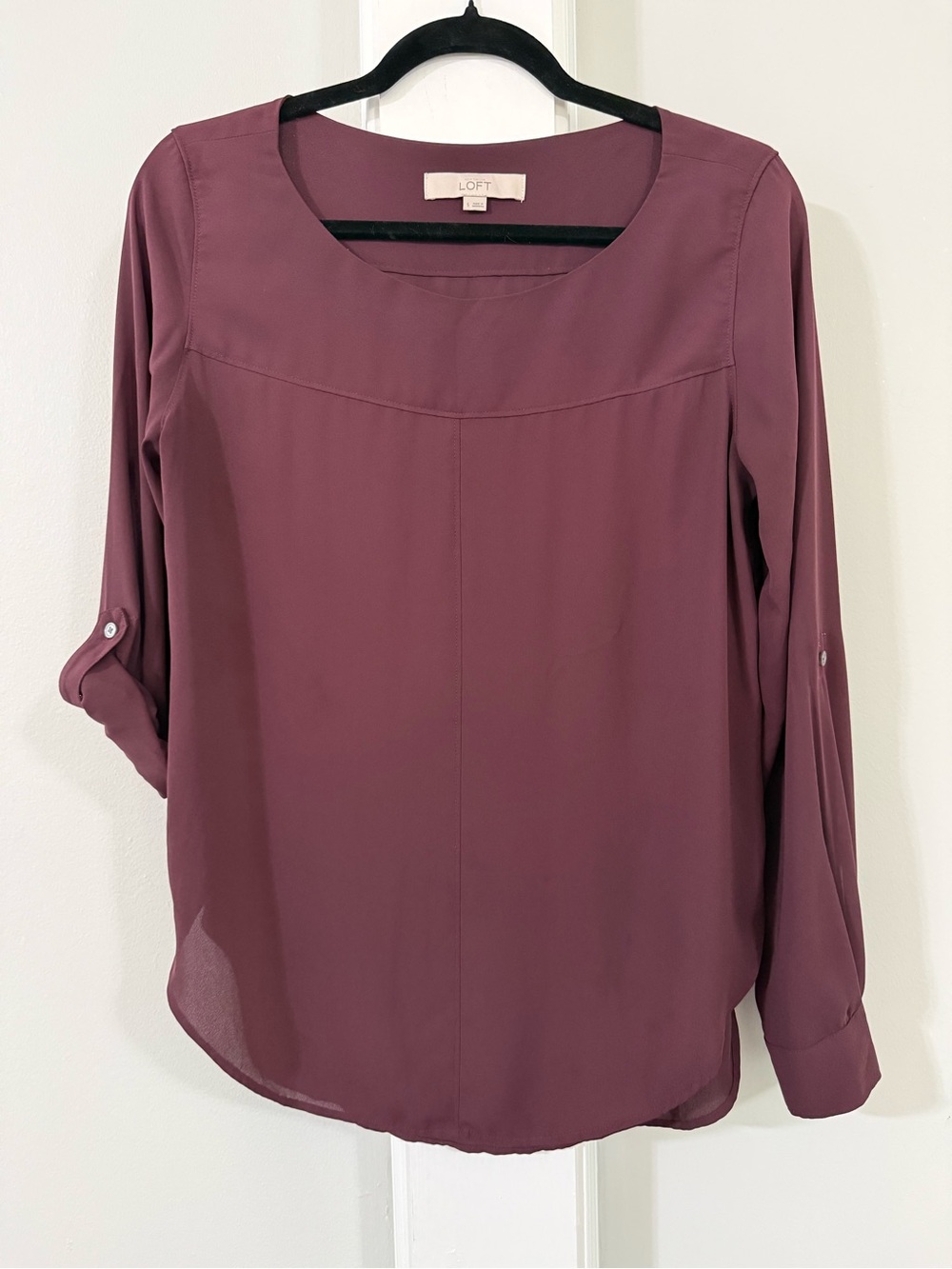 LOFT Plum Adjustable Long Sleeve Scoop Neck Blouse